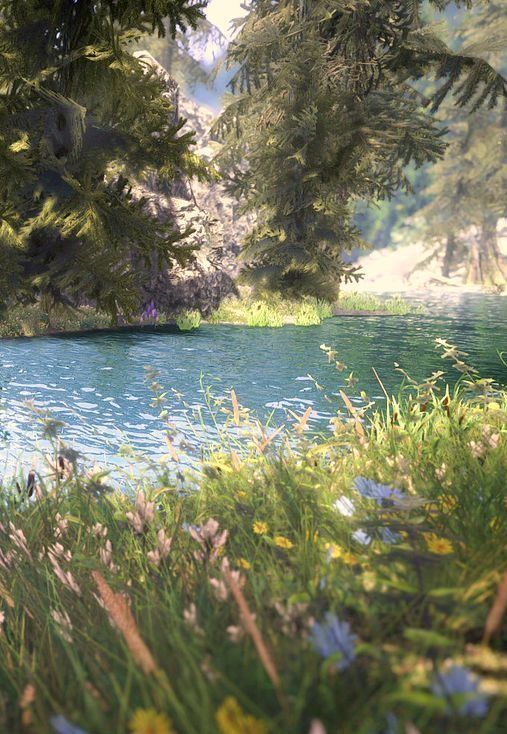 a river running through a lush green forest filled with lots of tall grass and trees