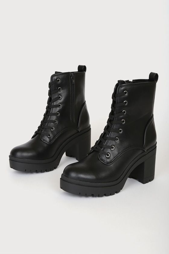 Riana Black Lace-Up Platform Boots Black Lace Up Heel Boots, Black High Top Boots, Black Chunky Platform Boots, Platform Lace Up Boots, Black Boots With Heels, Combat Boot Heels, Witchy Shoes, High Heel Combat Boots, Platform Leather Boots