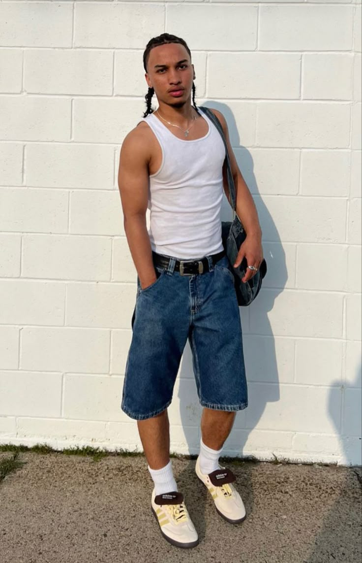 Masc Summer Outfits Shorts, Long Jean Shorts Outfit, Jorts Outfit, Mens Tank Tops Summer, Denim Party, Drip Fits, Jean Short Outfits, Drippy Outfit, Denim Shorts Outfit