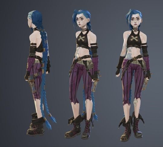 three different views of a female character with blue hair and black bra top, wearing purple pants