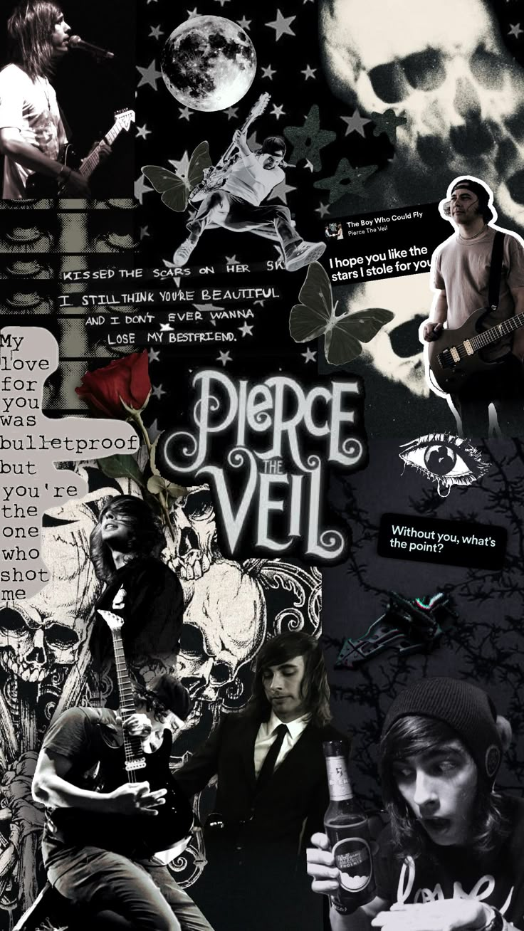 a collage of images with the words pierce veil on them and pictures of people