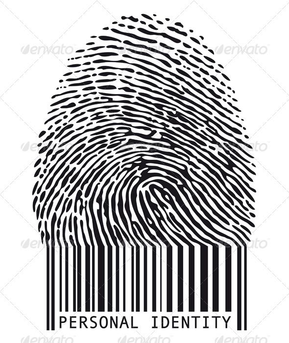 a black and white fingerprint with the word personal identity on it's side