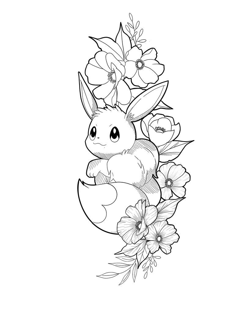 a black and white drawing of a bunny with flowers