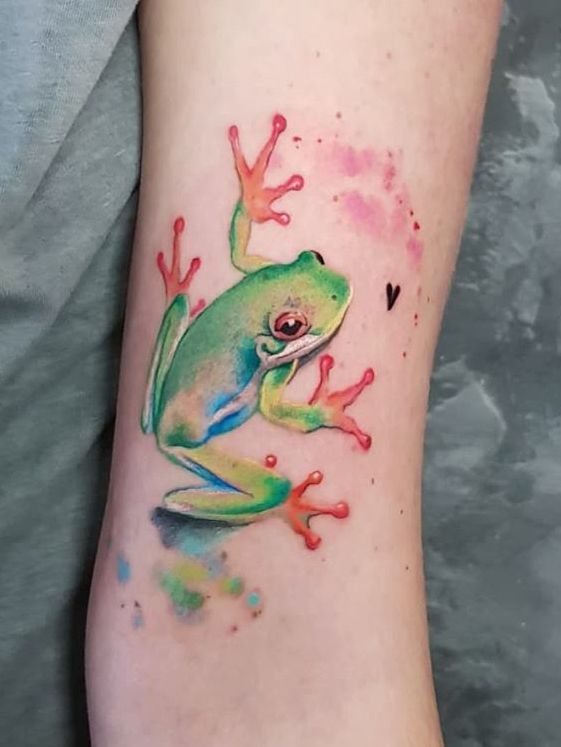 a watercolor frog tattoo on the arm