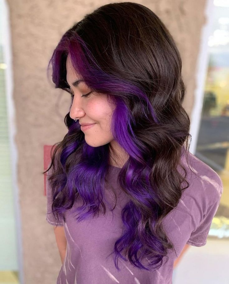 Purple Underdye Hair Curly, Colored Hair Streaks Brunette, Purple Under Brown Hair, Purple Bangs With Black Hair, Brown Hair Purple Underneath, Purple Hair Underneath Brown, Dark Brown Hair With Purple Underneath, Purple Under Hair, Brown Hair With Purple Streaks