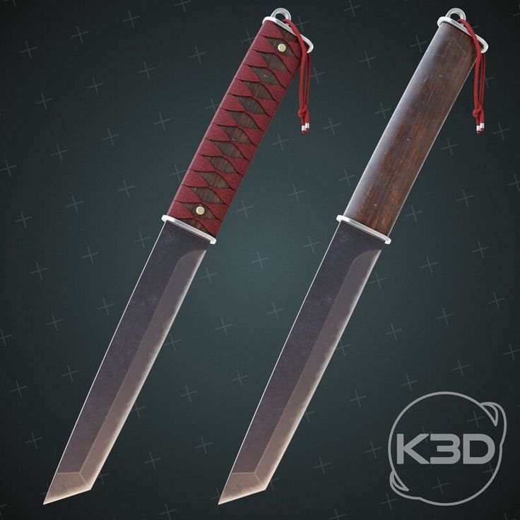 two knives with red leather handles are shown in this image, and the knife is made out of wood