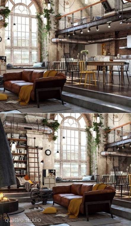 the interior of an old industrial building with exposed brick walls and windows, leather couches and tables