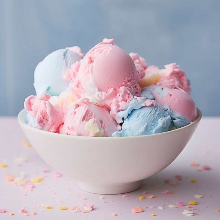 three scoops of ice cream in a white bowl on a pink surface with sprinkles