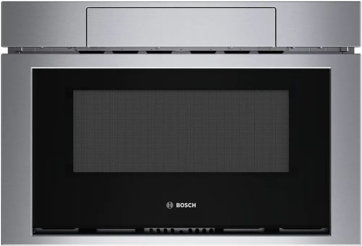 a stainless steel microwave oven with its door open and the word bosch written on it