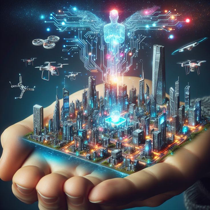 a person holding an electronic device in their hands with futuristic city on the screen and flying over them