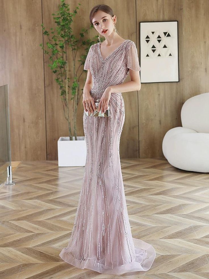 Glamorous Maxi Length Evening Dress With Fitted Bodice, V-neck Mermaid Dress With Sweep Train For Evening, Dressy Long Evening Dress For Gala, Party Mermaid Dress With Sweep Train And V-neck, Elegant Full Length Maxi Dress For Prom, Elegant Full Length Maxi Dress For Prom Season, Glamorous V-neck Mermaid Dress With Fitted Bodice, Glamorous V-neck Prom Dress, Glamorous V-neck Dress For Prom Season