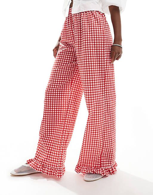 ASOS DESIGN gingham pants with frill hem in red | ASOS Granola Life, Trousers Women Wide Leg, Gingham Pants, Winter Plaid, Gingham Fabric, Red Gingham, Comfy Sweaters, Pantalon Large, Straight Leg Trousers