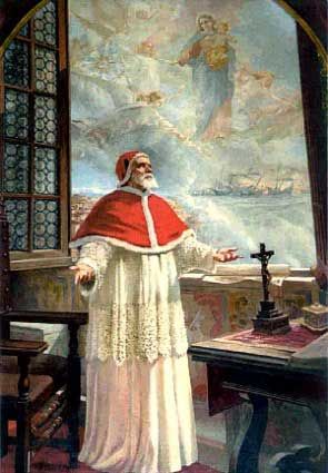 a painting of a priest standing in front of a stained glass window