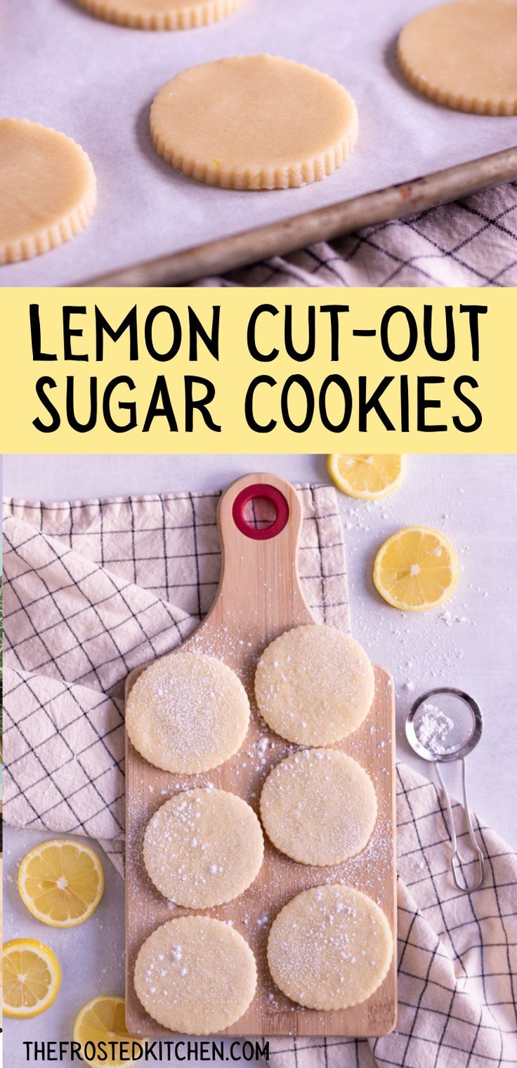 lemon cookies spread out on a cutting board and sprinkled with powdered sugar Sugar Cookie Cutout Recipe, Lemon Cookie Recipe, Royal Icing Cookie Decorating, Lemon Sugar Cookies Recipe, Sugar Cookie Recipe For Decorating, Roll Out Sugar Cookies, Lemon Cookies Easy, Cut Out Cookie, Sugar Cookie Recipes