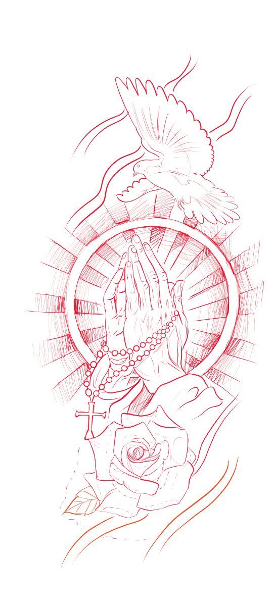 a drawing of hands holding a rosary with a dove above it and a rose in the middle