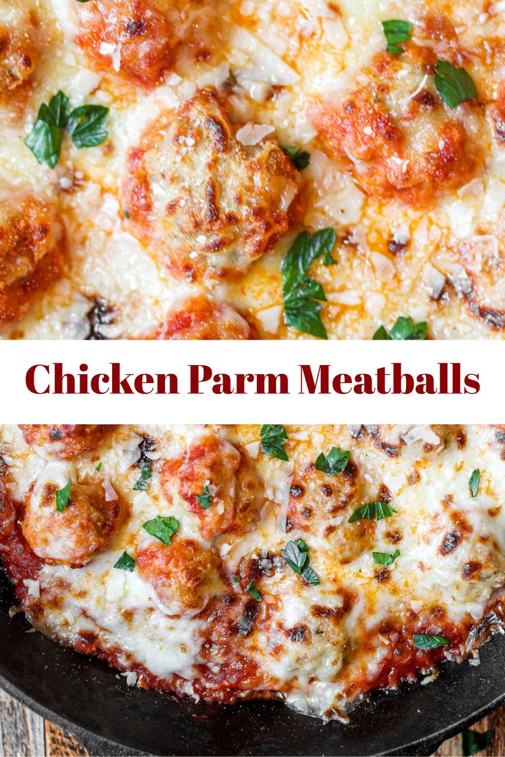 chicken parm meatballs in a cast iron skillet on a wooden table with text overlay