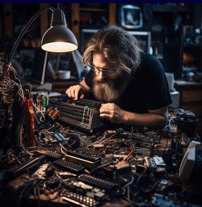 a man working on an old computer surrounded by wires and other electronic equipment in a dark room