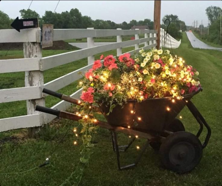 a wheelbarrow filled with flowers and lights