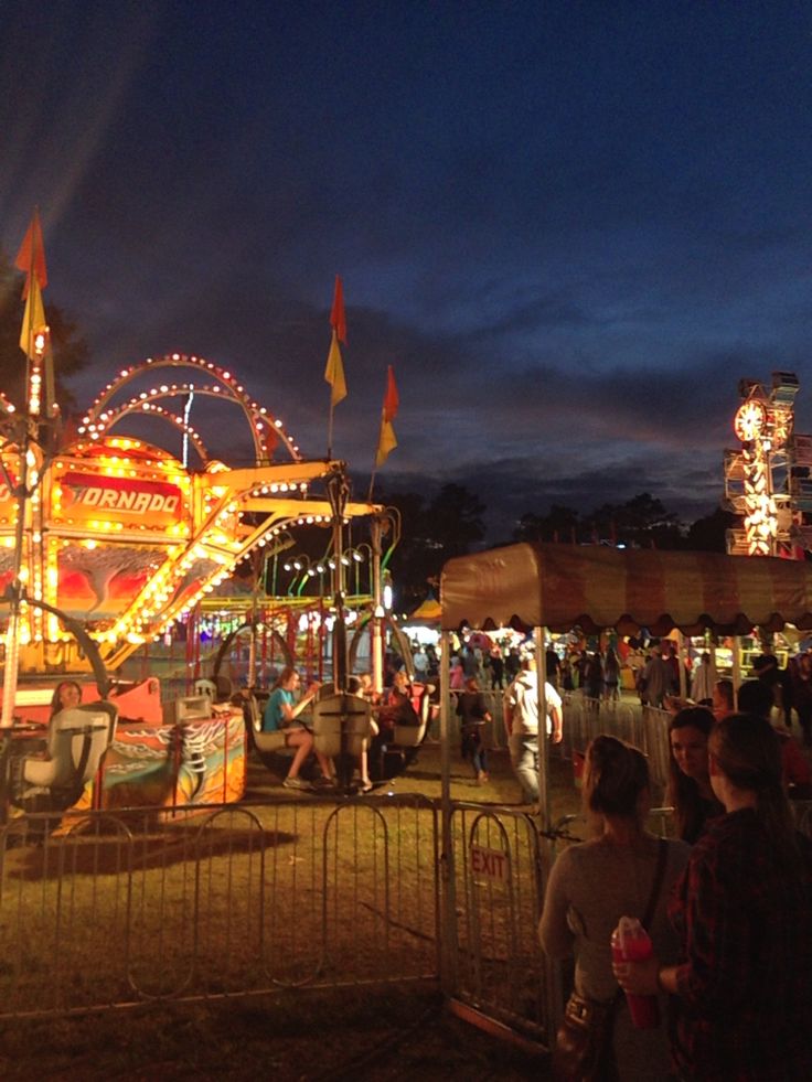 an amusement park at night with people standing around the fairground and rides in the background