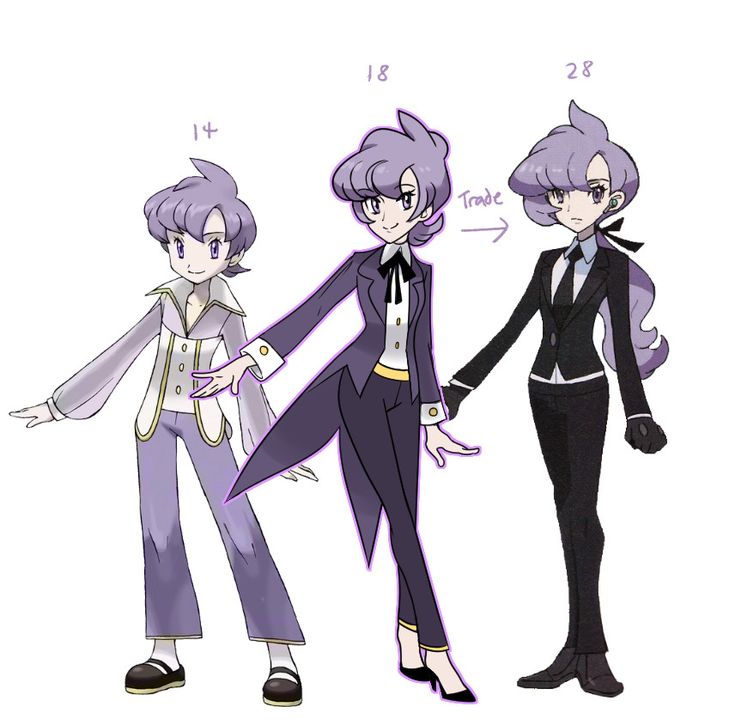 three cartoon characters are standing next to each other, one is wearing a suit and the other has purple hair