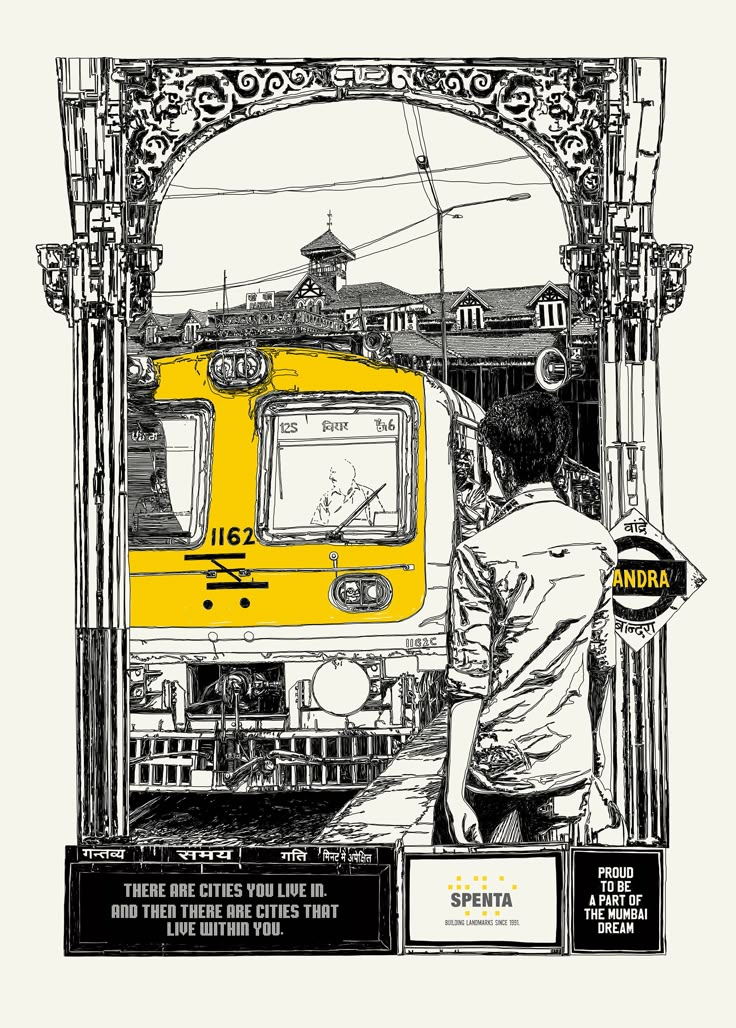 a black and white drawing of a man standing in front of a yellow train at a station