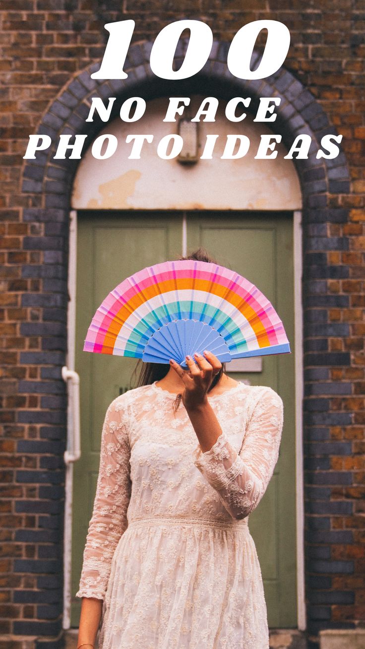 a woman holding an umbrella in front of a building with the words 100 no face photos