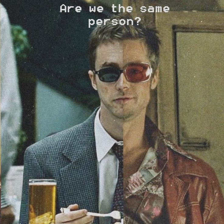 a man wearing sunglasses and holding a beer in front of his face with the caption are we the same person?