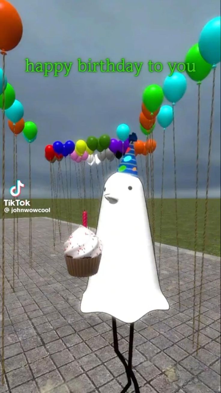 a cartoon character holding a cupcake with balloons in the air behind him and an image of a ghost