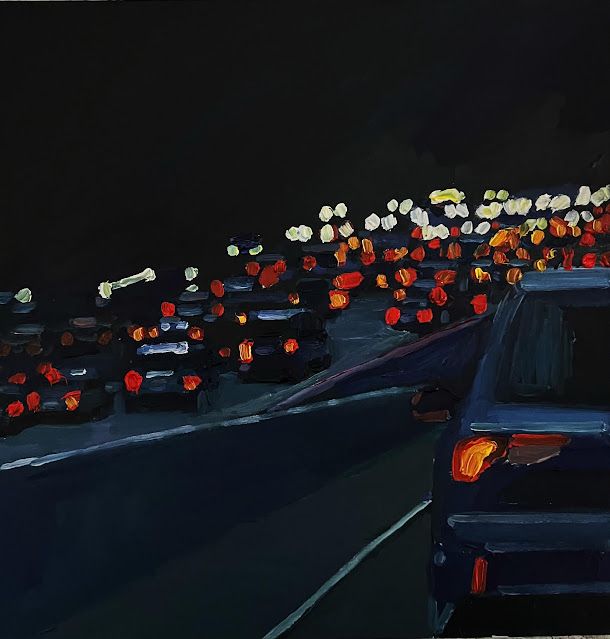 a painting of cars driving down the road at night with many lights on them in the dark