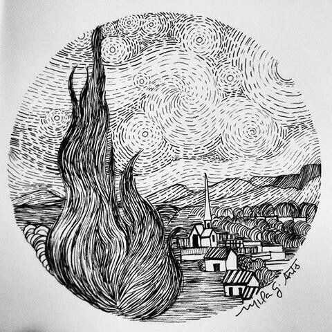 a black and white drawing of a fire in the middle of a field with houses on it