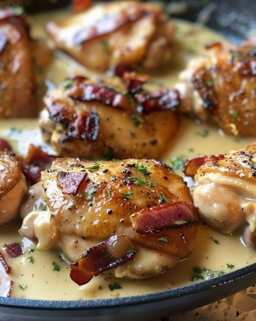 chicken with bacon and cheese in a skillet