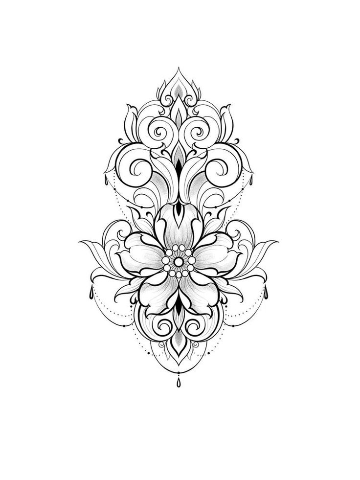 a black and white drawing of a flower with swirls on the petals, in an ornate pattern