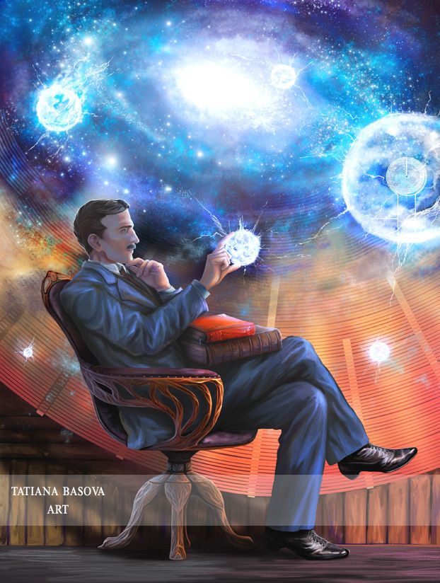 a painting of a man sitting in a chair holding a crystal ball and looking up at the sky