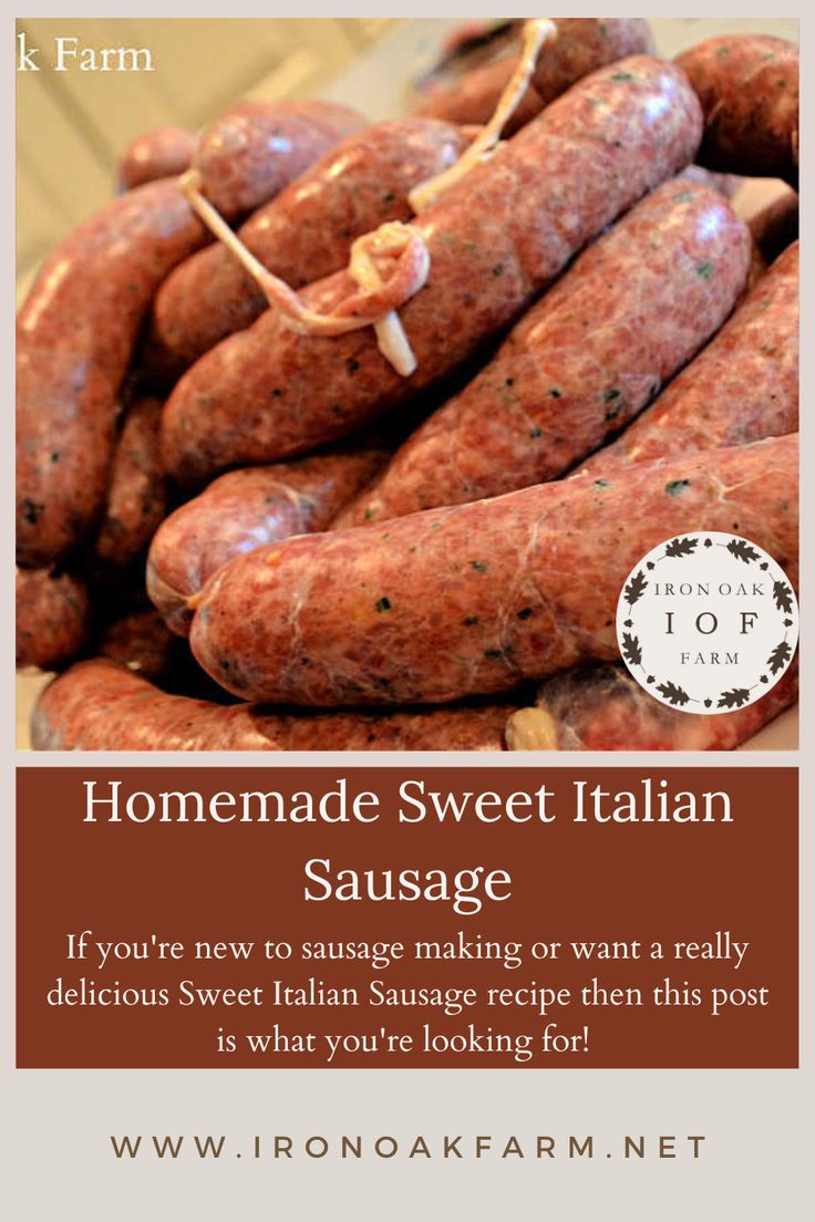 some sausages are stacked on top of each other in front of the words, homemade sweet italian sausage