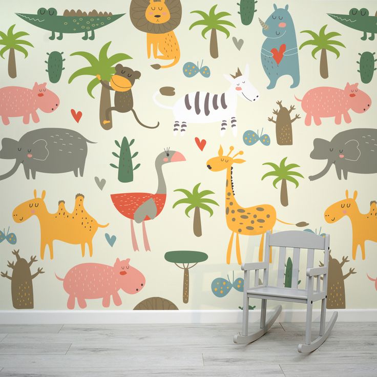 Neutral Children's Animal Ari Wallpaper Mural with Children's Chair Nyc Murals, Playroom Mural, Custom Photo Wallpaper, Jungle Mural, Kids Room Murals, Animal Mural, Murals For Kids, Photo Mural, Colorful Animals