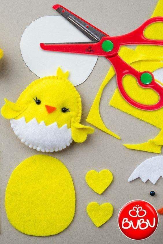 the craft kit includes felt, scissors and paper cutouts to make an adorable chick