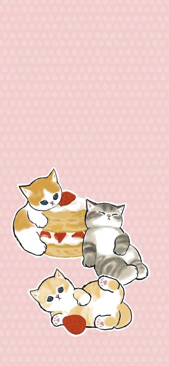 three cats sitting next to each other on top of a pink background with polka dots