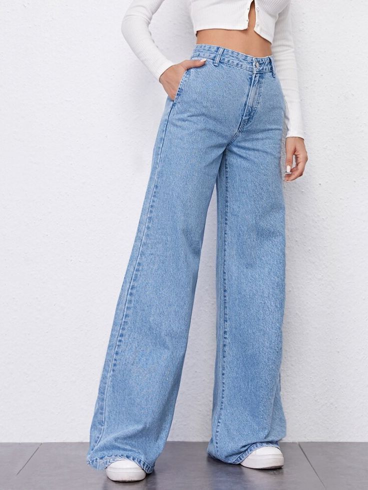 Wide Leg Jeans Outfit, High Wasted Jeans, Trendy Pants, Korean Casual Outfits, Cute Jeans, Waist Jeans, Really Cute Outfits, Girls Fashion Clothes, Teenage Fashion Outfits