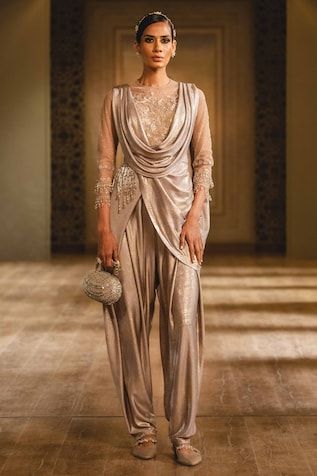 Metallic Draped Jumpsuit Green Drapes, Cowl Dress, Designer Jumpsuits, Tarun Tahiliani, Jumpsuit Online, Lehenga Saree, Indian Aesthetic, Groom Wear, Bridal Lehenga