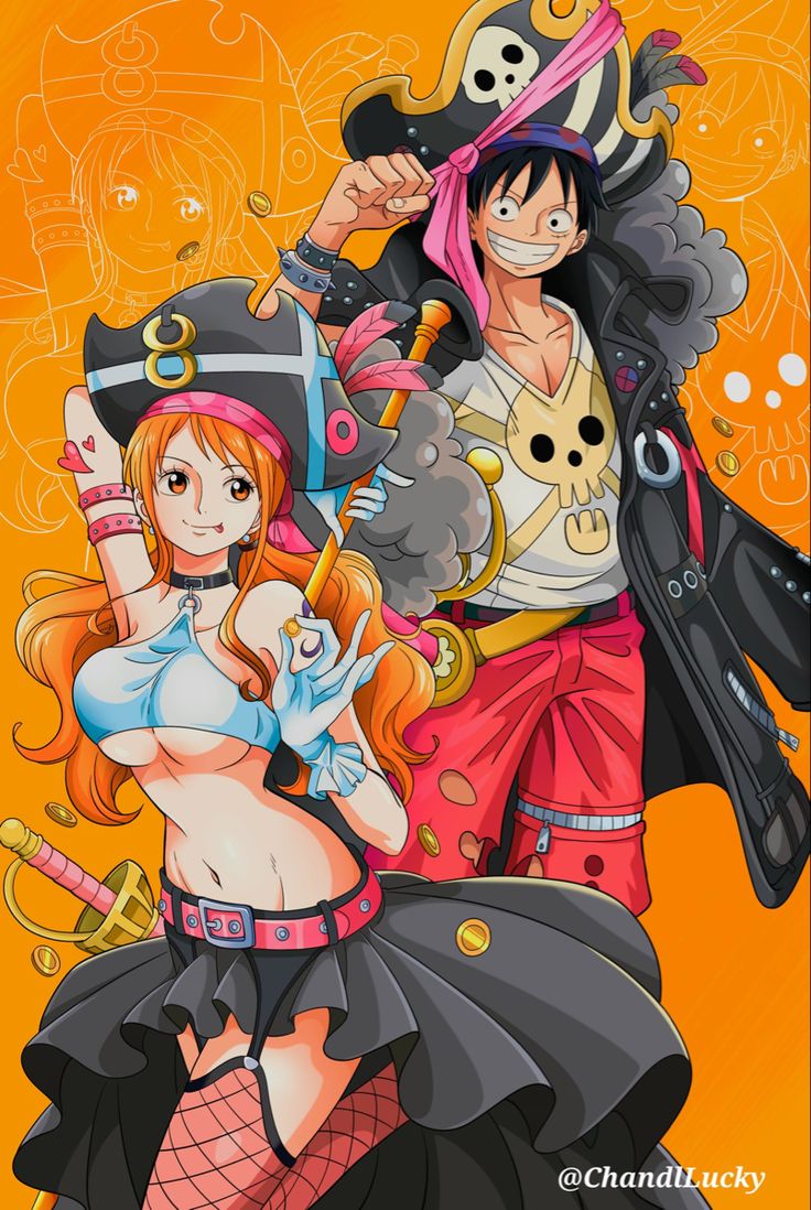 two anime characters are standing next to each other in front of an orange background with skulls and bones