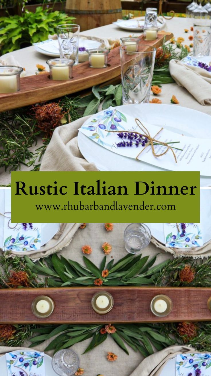 rustic italian dinner table setting with flowers and greenery