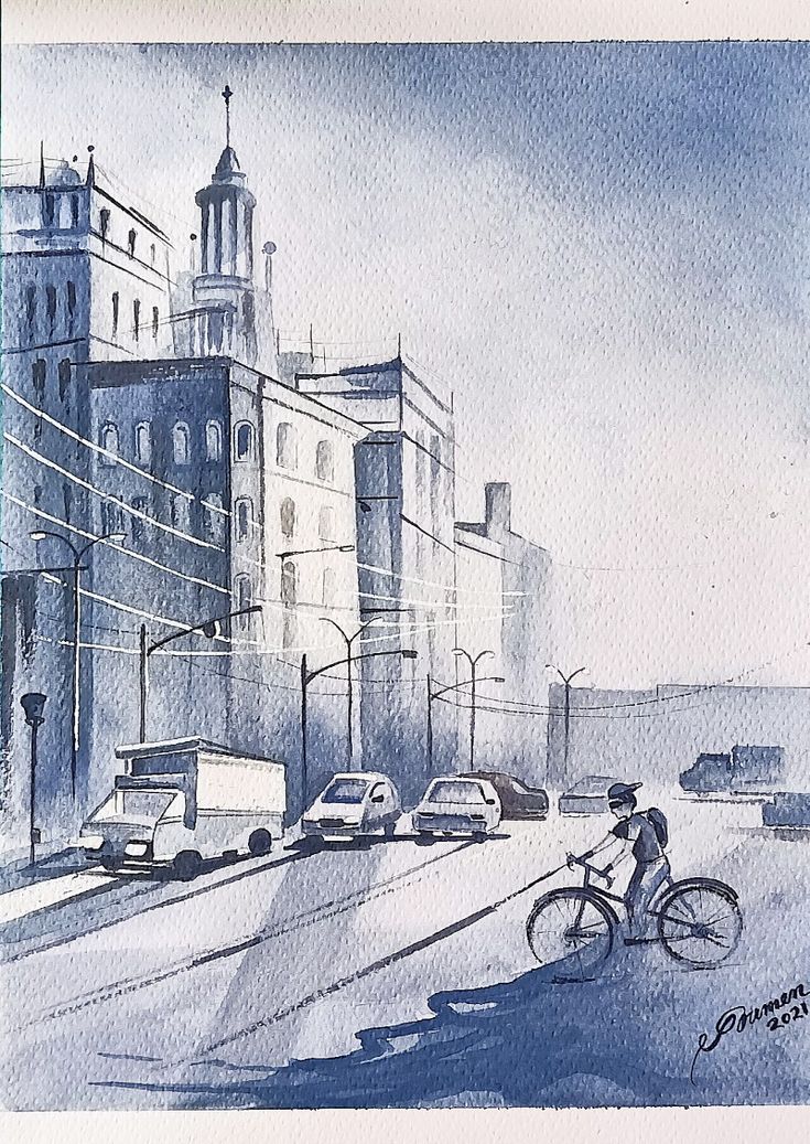 a drawing of a person riding a bike down the street in front of some buildings