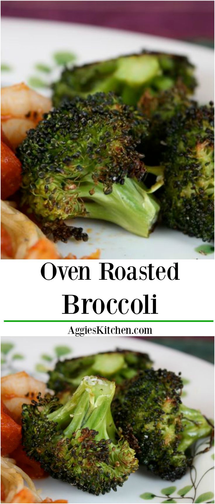 broccoli and shrimp on a white plate with text overlay that reads oven roasted broccoli