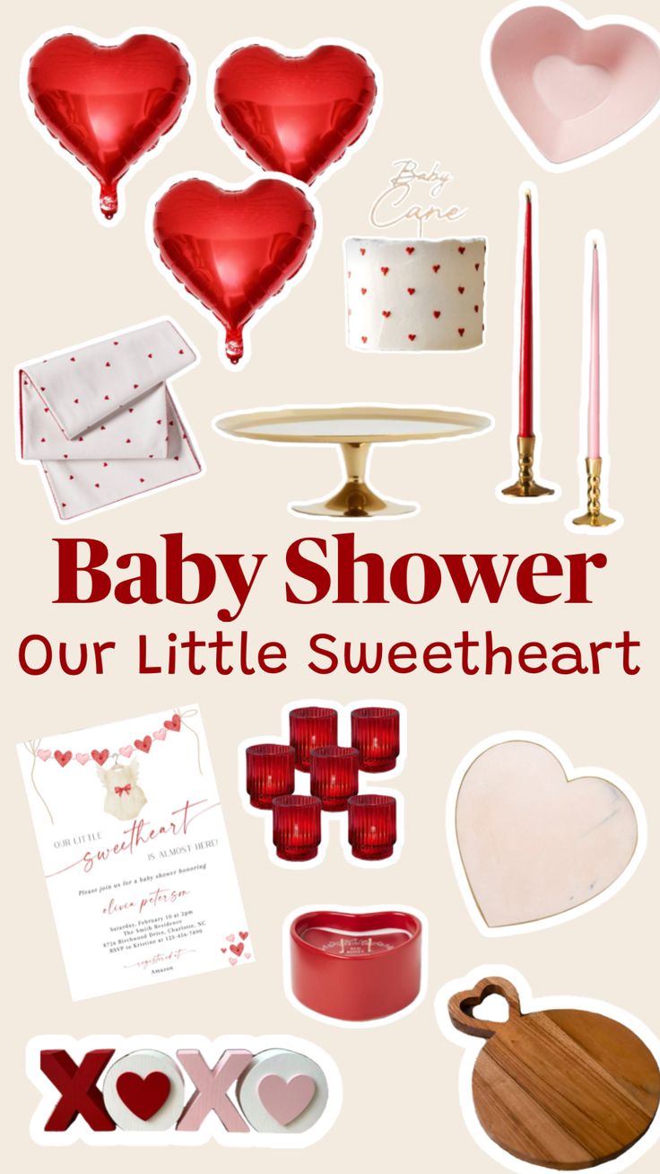 a baby shower is shown with hearts, candles and other things to put on it