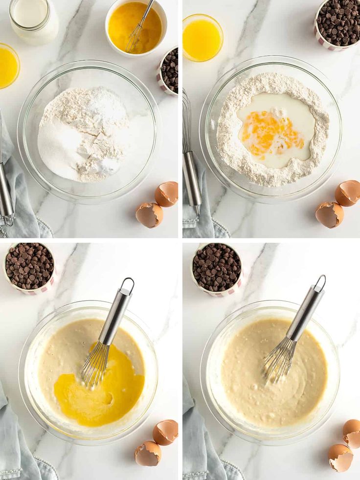 four pictures showing the steps to make chocolate chip cookie dough with eggs and flour in separate bowls