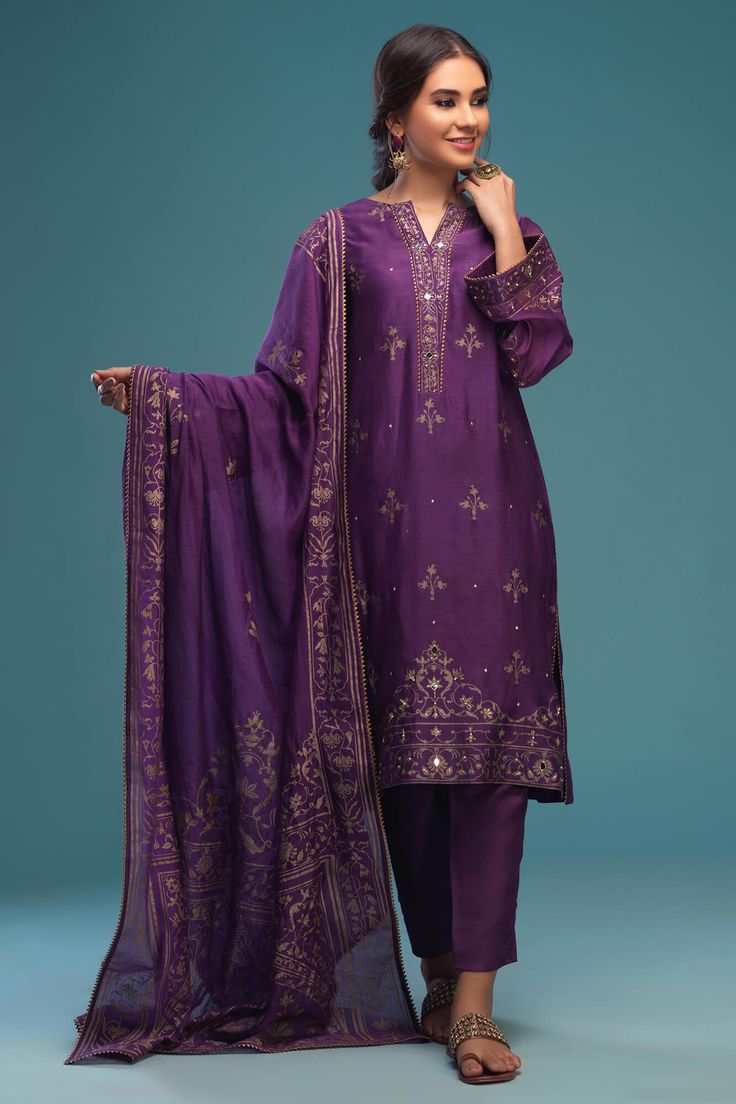 Naveen (Three Piece)– Zaaviay Purple Palazzo Set With Zari Work For Navratri, Traditional Drape Purple Palazzo Set With Dabka Work, Purple Silk Palazzo Set For Festivals, Festival Silk Purple Palazzo Set, Anarkali Purple Palazzo Set With Gota Work, Purple Silk Kurta With Gota Work, Designer Purple Kurta With Gota Work, Purple Raw Silk Traditional Wear With Gota Work, Elegant Purple Salwar Kameez With Gota Work