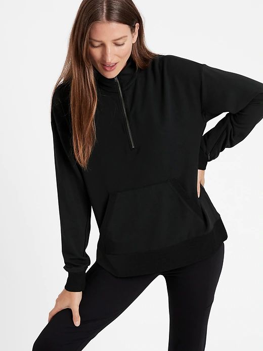 Petite Baby Terry Half-Zip Sweatshirt | Banana Republic Sporty Cozy Fit Half-zip Sweatshirt, Cozy Stretch Sweatshirt For Layering, Fleece Tops With Ribbed Collar In Athleisure Style, Athleisure Fleece Top With Ribbed Collar, Versatile Stretch Sweatshirt For Fall, Versatile Half-zip Sweatshirt With Ribbed Cuffs, Athleisure Stretch Sweatshirt For Layering, Versatile Solid Color Stretch Sweatshirt, Fall Half-zip Layering Activewear