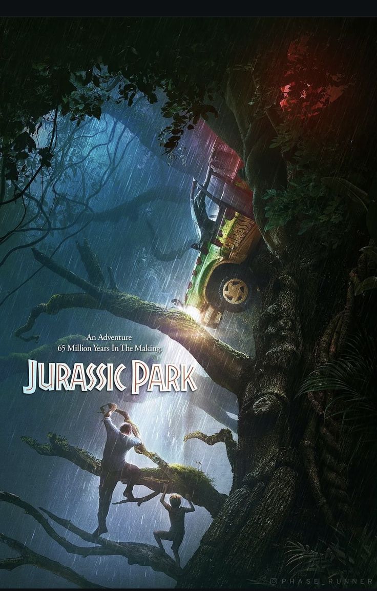 the movie poster for jurasic park with two people standing in front of a tree