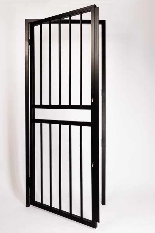 an open black gate with bars on the top and bottom, against a white background