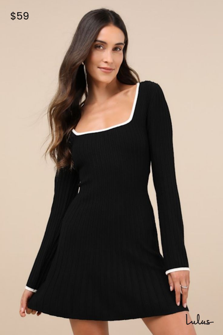 Create crush-worthy OOTDs with the a little help from the Lulus Cute Simplicity Black Textured Mini Sweater Dress! Soft and stretchy sweater knit, with a raised ribbed design throughout, shapes this easy-wearing dress with a flattering square neckline, long sleeves, and a fitted bodice. The fit-and-flare silhouette finishes with an A-line mini skirt. Ivory trim accents the neckline and cuffs for a color block-like effect. Fit: This garment fits true to size. Length: Mid-thigh. Bust: Great for an Casual Formal Dresses, Mini Sweater, Lulu Fashion, Casual Wedding Dress, Square Neck Dress, A Line Mini Skirt, Dress Bra, Hair Clothes, Mini Sweater Dress